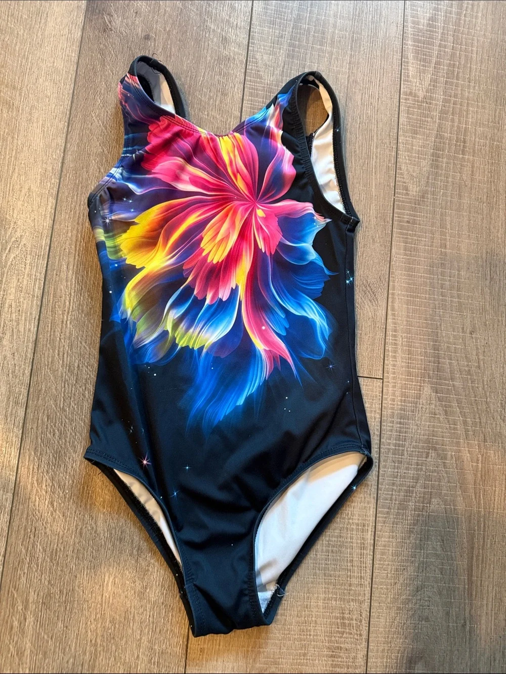 Girls Gymnastics Leotard Black Floral Burst One-Piece Modafans Size XL